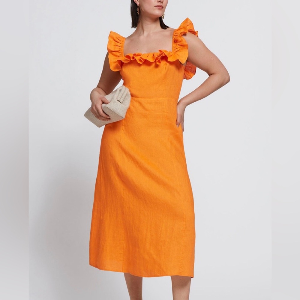 & Other Stories Orange Linen Ruffle Midi Dress
